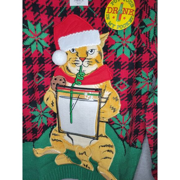 NWT Ugly Christmas Sweater Cat Santa Hat Drink Cup Holder Knit Sweater Medium - Picture 4 of 9